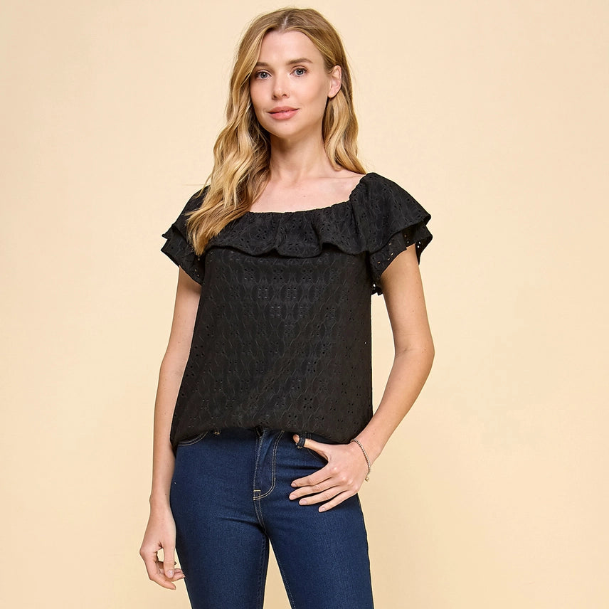 Ruffle Eyelet Top – Black or White