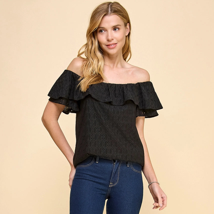 Ruffle Eyelet Top – Black or White