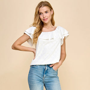 Ruffle Eyelet Top – Black or White