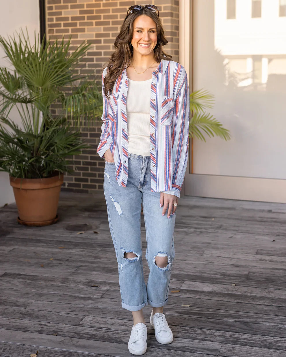 Grace & Lace - Favorite Button Up (Red and Blue Stripe)
