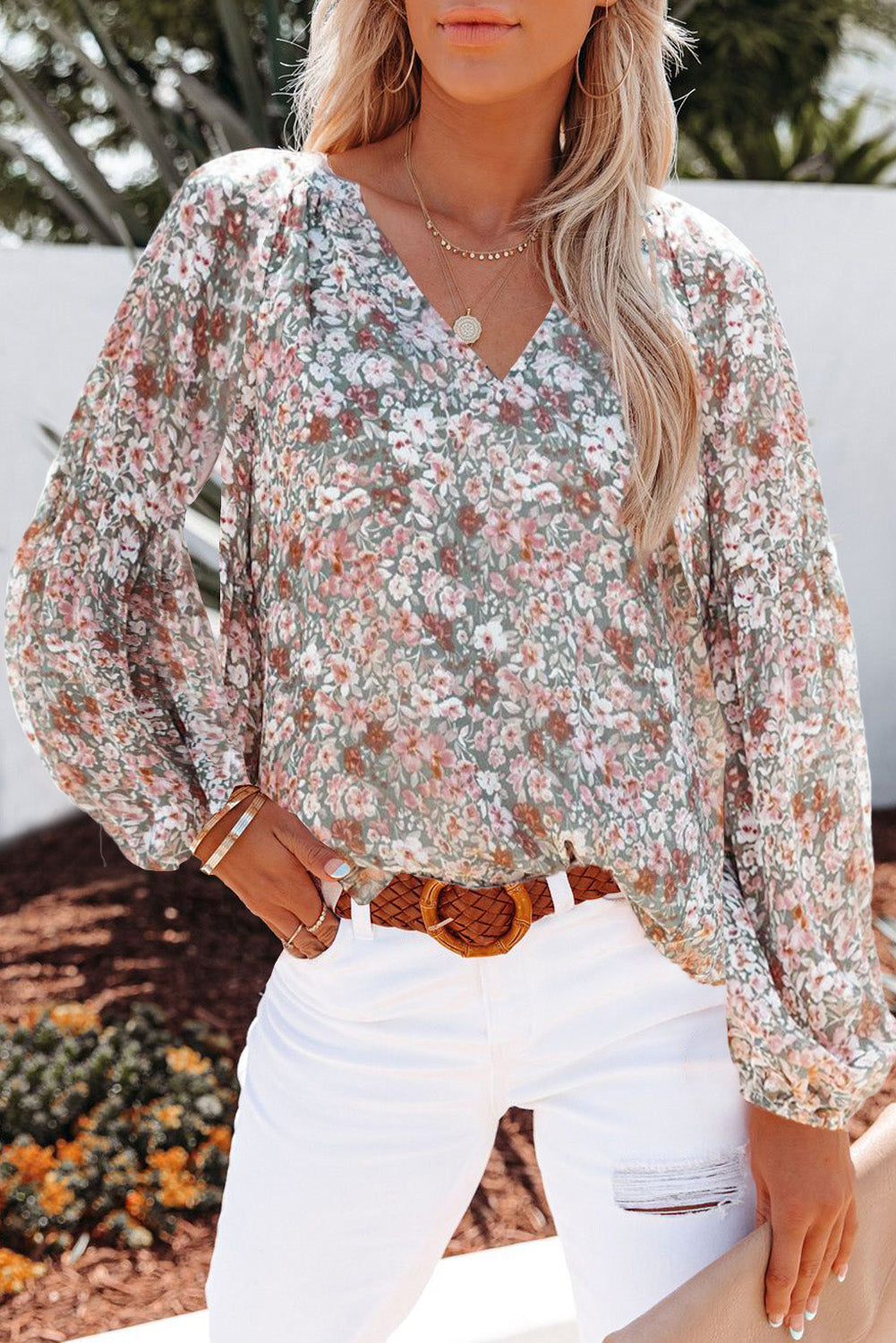 Gray Floral Long Sleeve Blouse