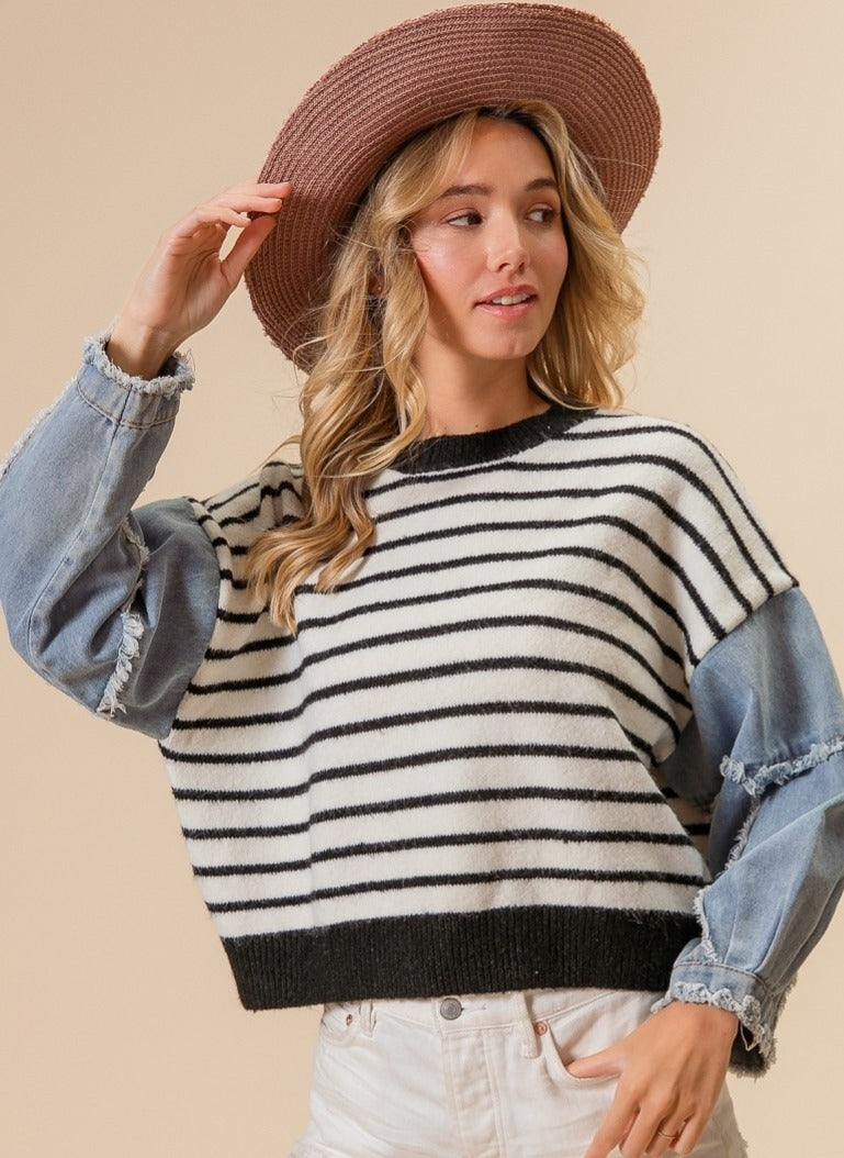Striped Sweater with Denim Sleeves