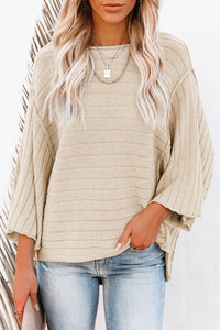 Apricot 3/4 Sleeve Ribbed Sweater