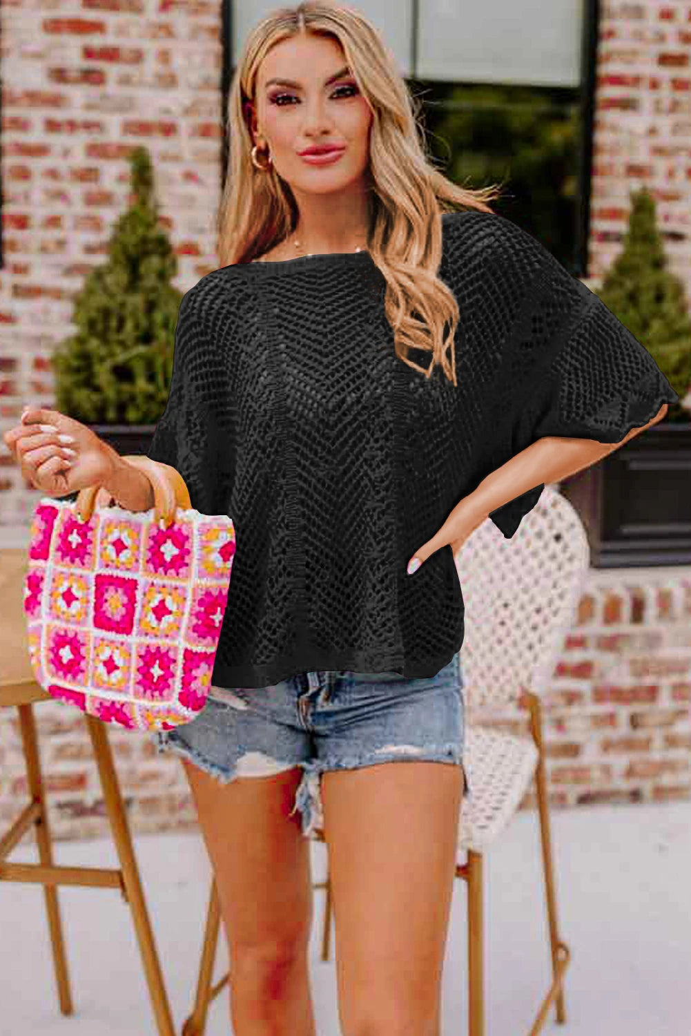 Pointelle Knit Oversized Top – Black or Fuchsia