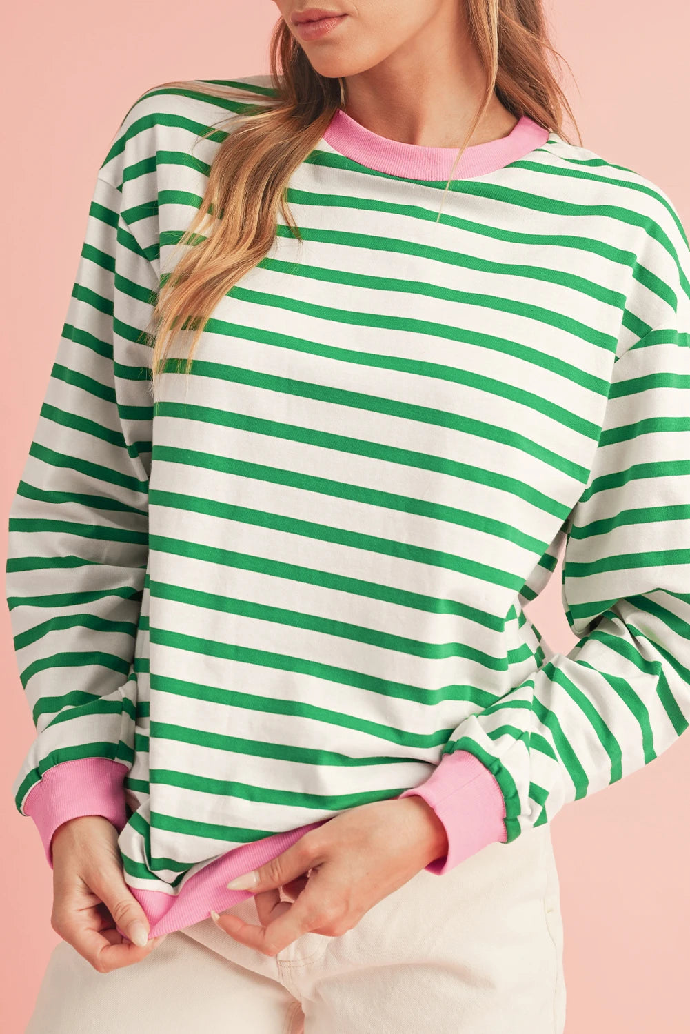 Green Stripe Pullover with Pink Trim