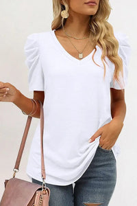 White Puff Sleeve V Neck