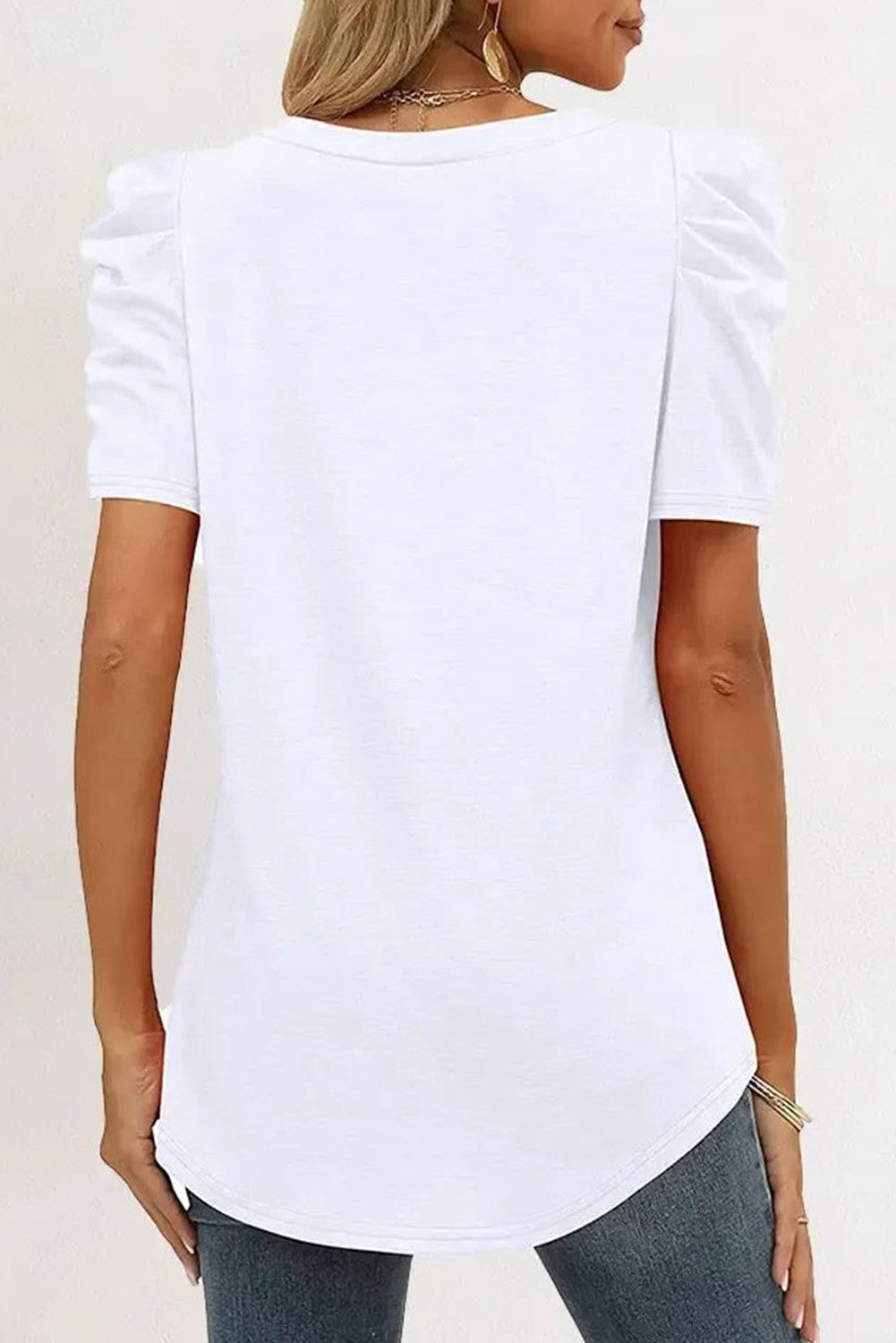 White Puff Sleeve V Neck