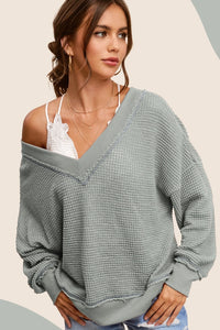 Waffle V Neck Top  - Asst. Colors