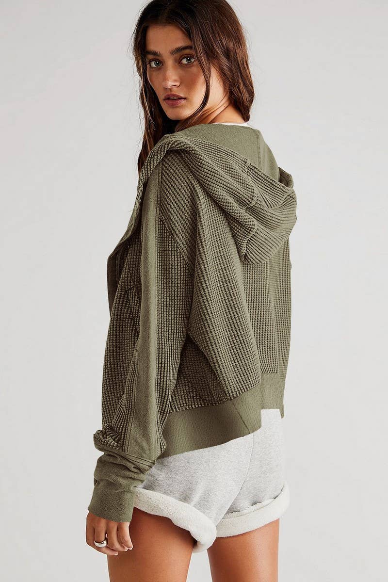 Olive Waffle Zip Up Hoodie
