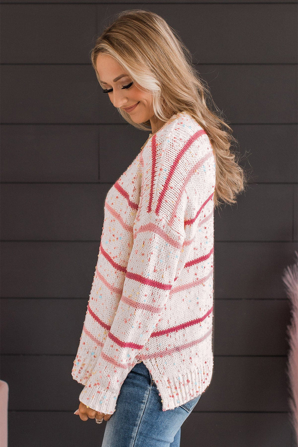 Pink Striped Confetti Drop Sleeve Knit Sweater