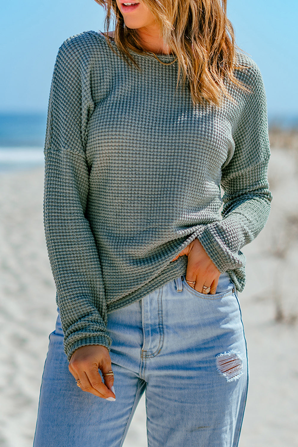 Waffle Knit Long Sleeve Top - Asst. Colors