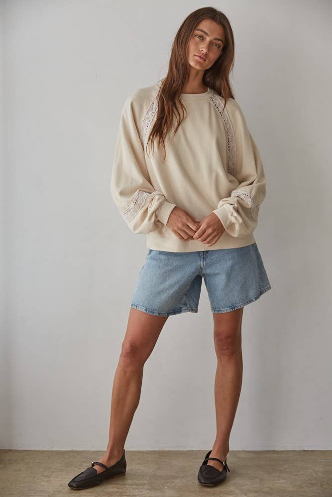 Cream Sweatshirt with Lace Insest