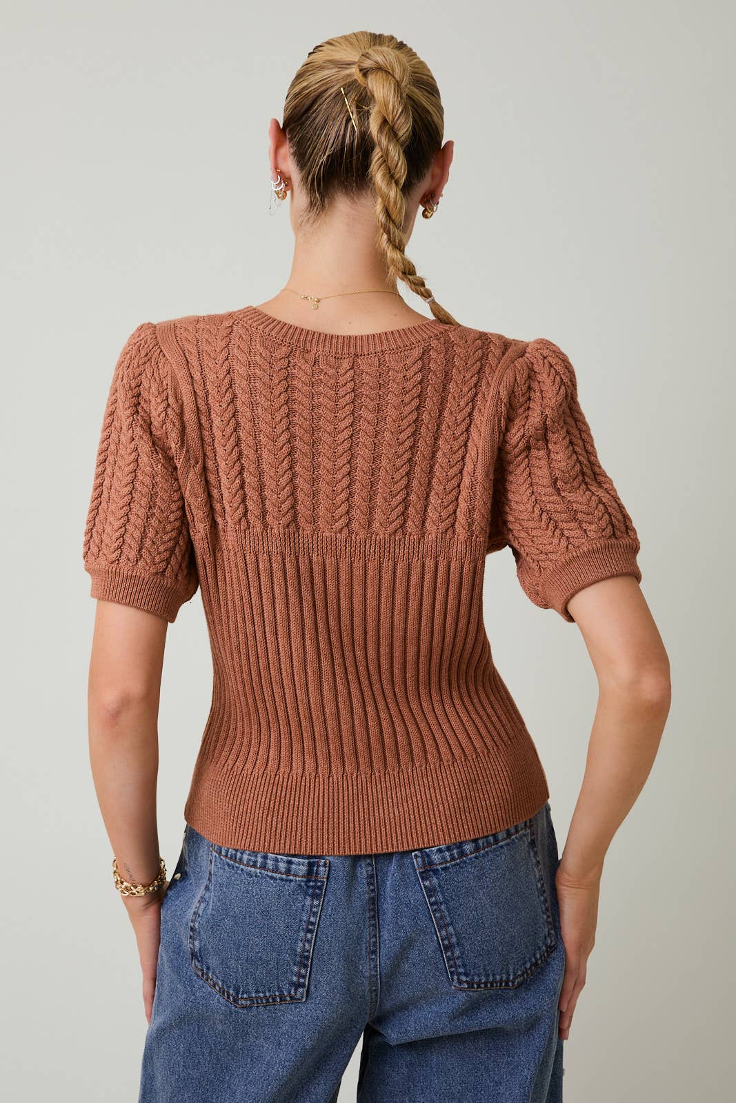 Short Sleeve Cable Knit Sweater - Asst. Colors