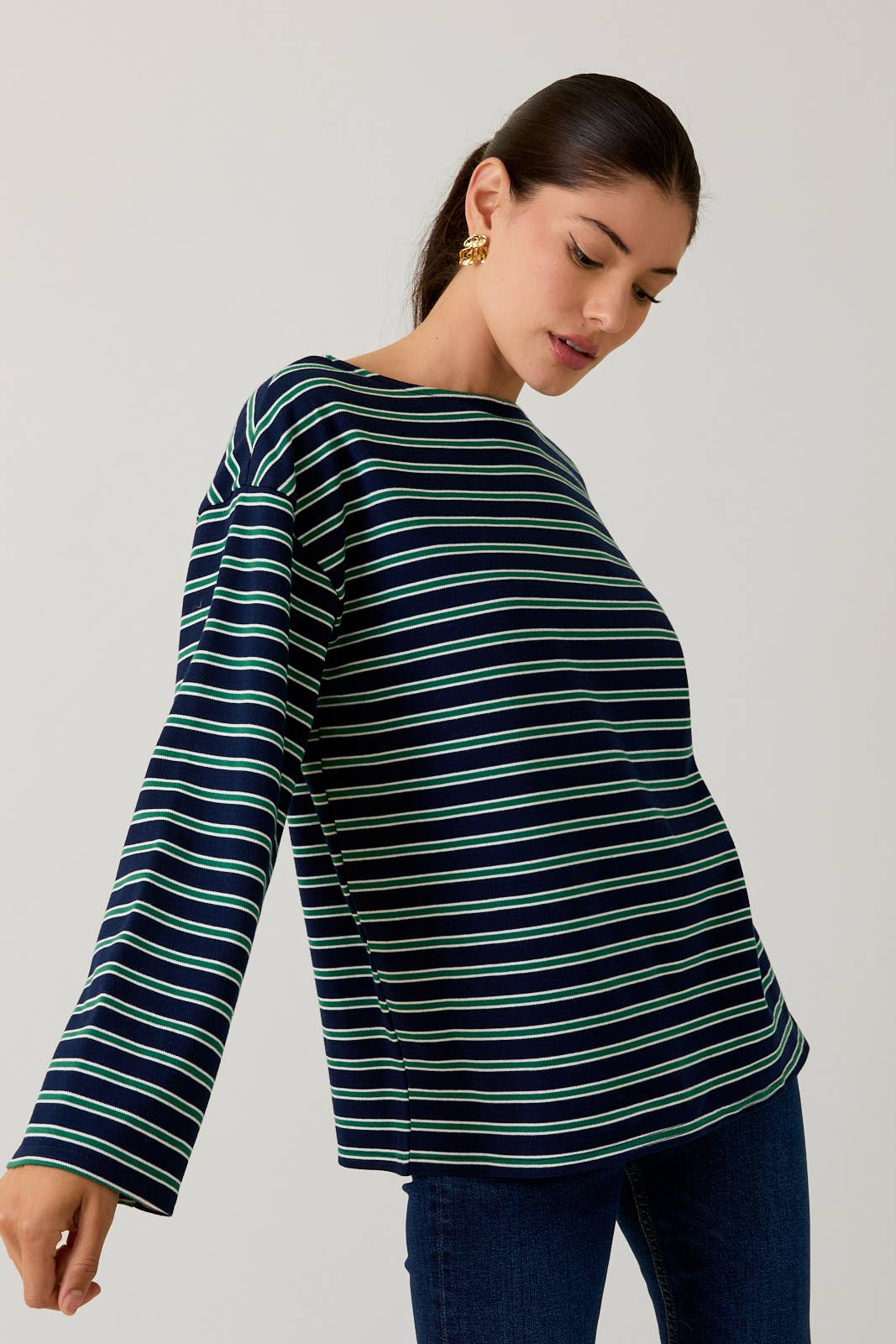 Navy & Green Stripe Boatneck Top