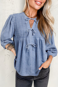 Denim Bow Tie Puff Sleeve Top