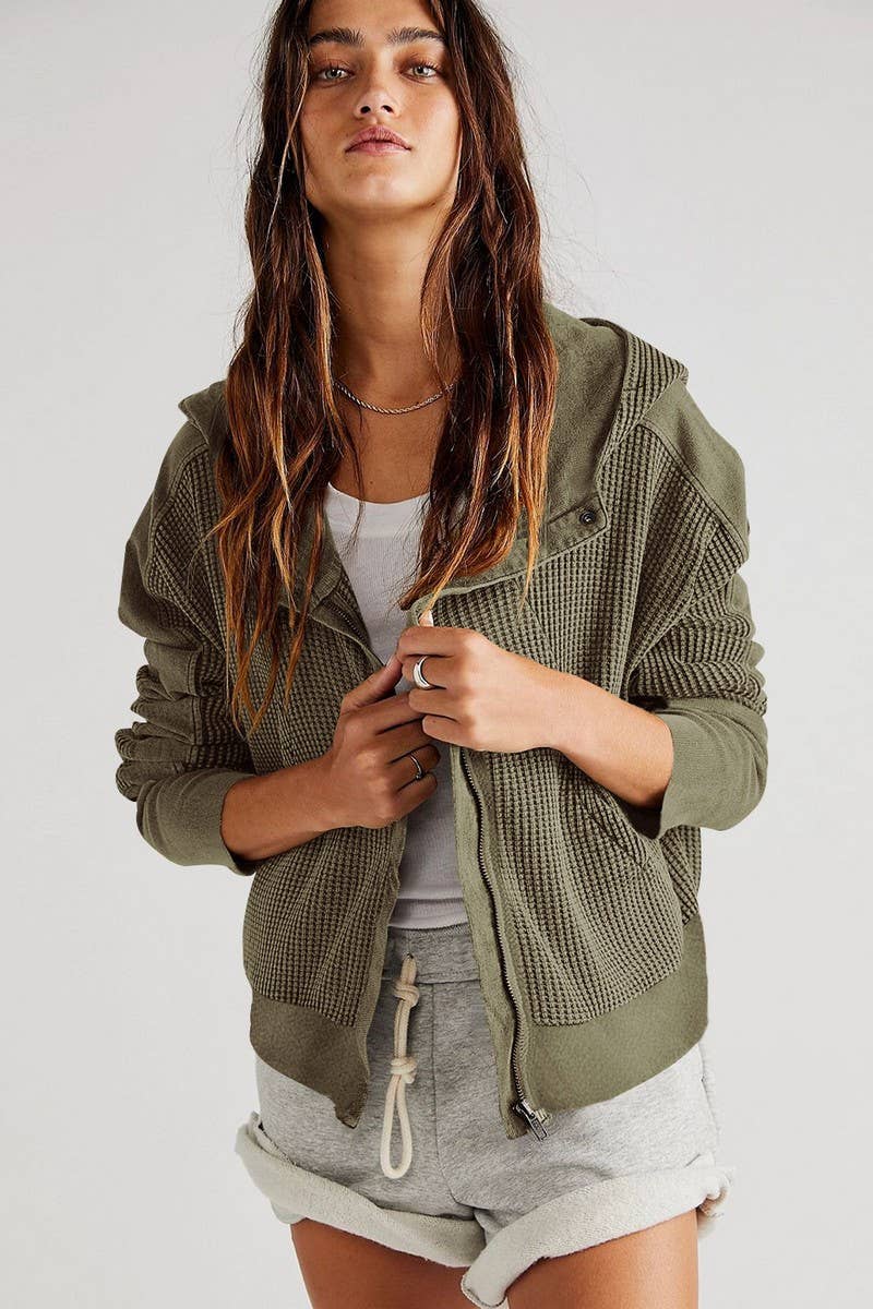 Olive Waffle Zip Up Hoodie
