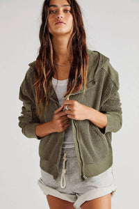 Olive Waffle Zip Up Hoodie