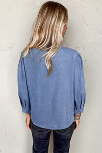 Denim Bow Tie Puff Sleeve Top