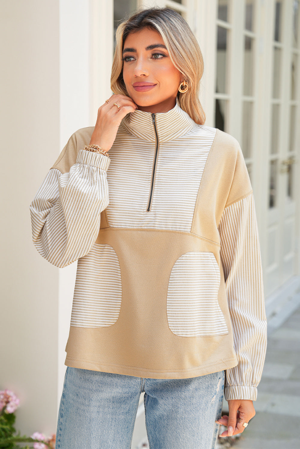 Beige Striped 1/4 Zip Pullover