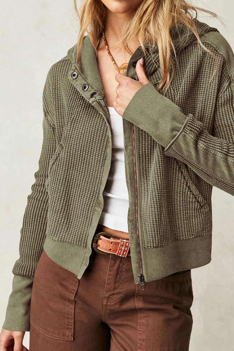 Olive Waffle Zip Up Hoodie