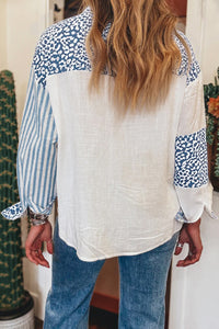 Blue Leopard Striped Patchwork Button-up Shirt