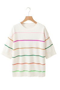 White Striped Half Sleeve Drop Shoulder Sweater