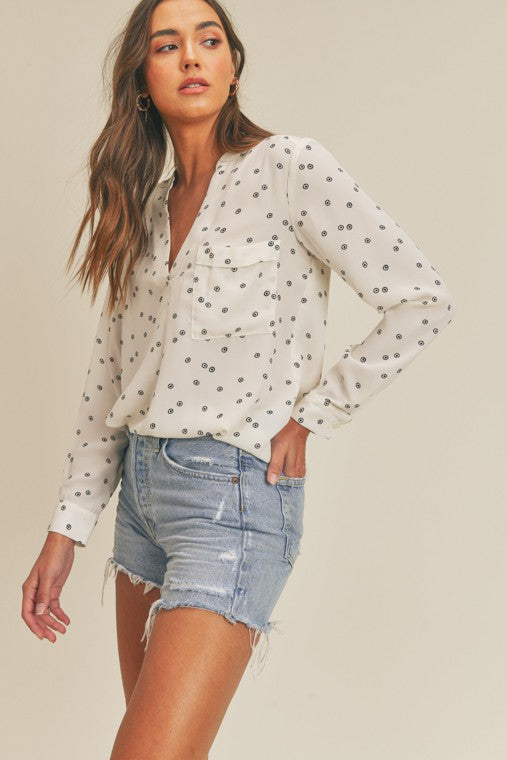 Ivory Blouse with Black Circles