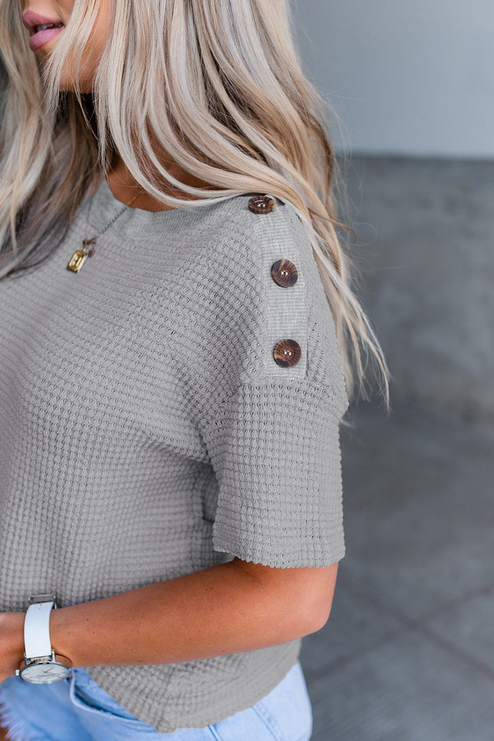 $10.00 SALE - Gray Waffle Top with Buttons